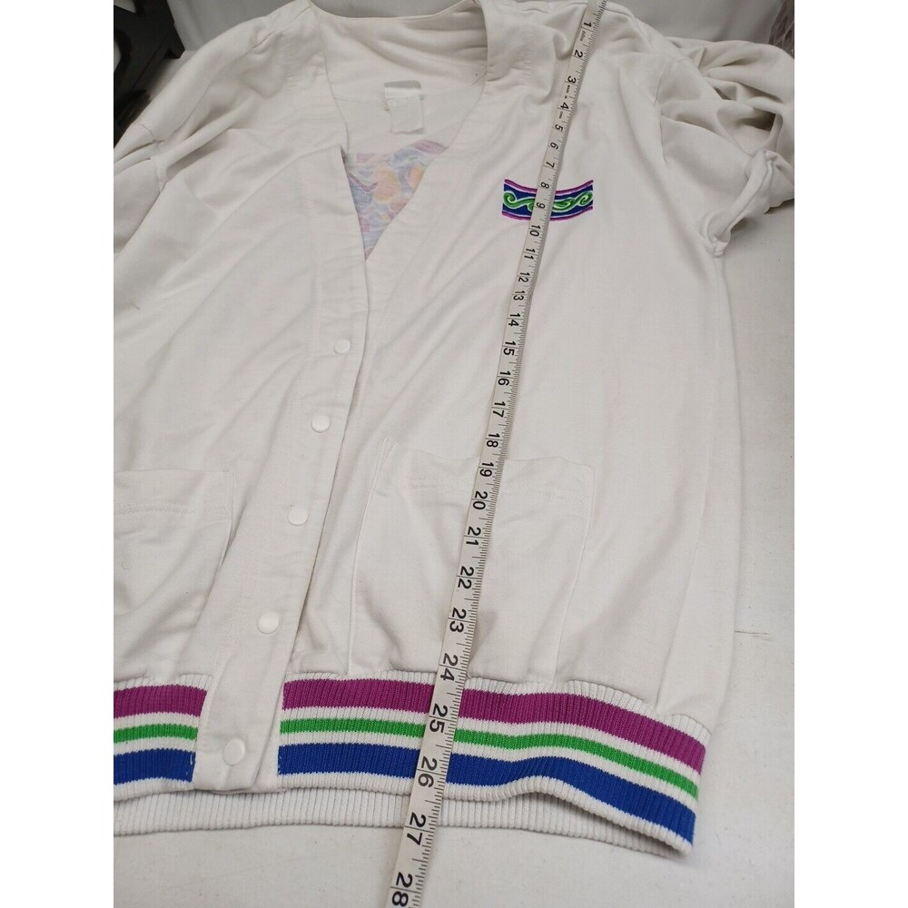 Vtg Jantzen Cardigan Sweater White Blue Purple V Neck Art Wear Sz L - Picture 9 of 10